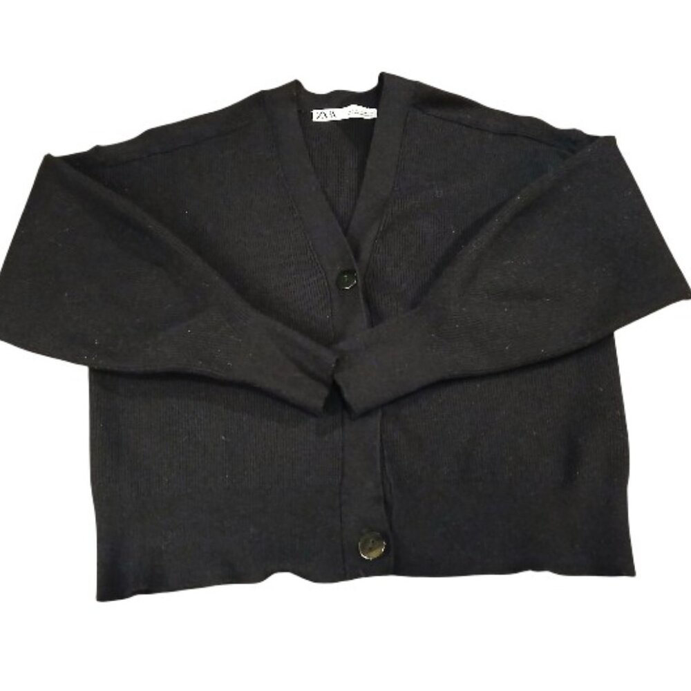 ZARA Black Ribbed Button Knit Crop Balloon Sleeve Cardigan - Picture 6 of 9